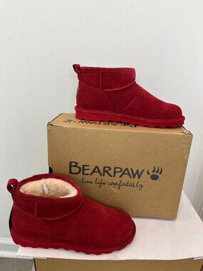 Bearpaw Shorty Womens Waterproof Suede Ankle Boots Booties 9 Red Dahlia New